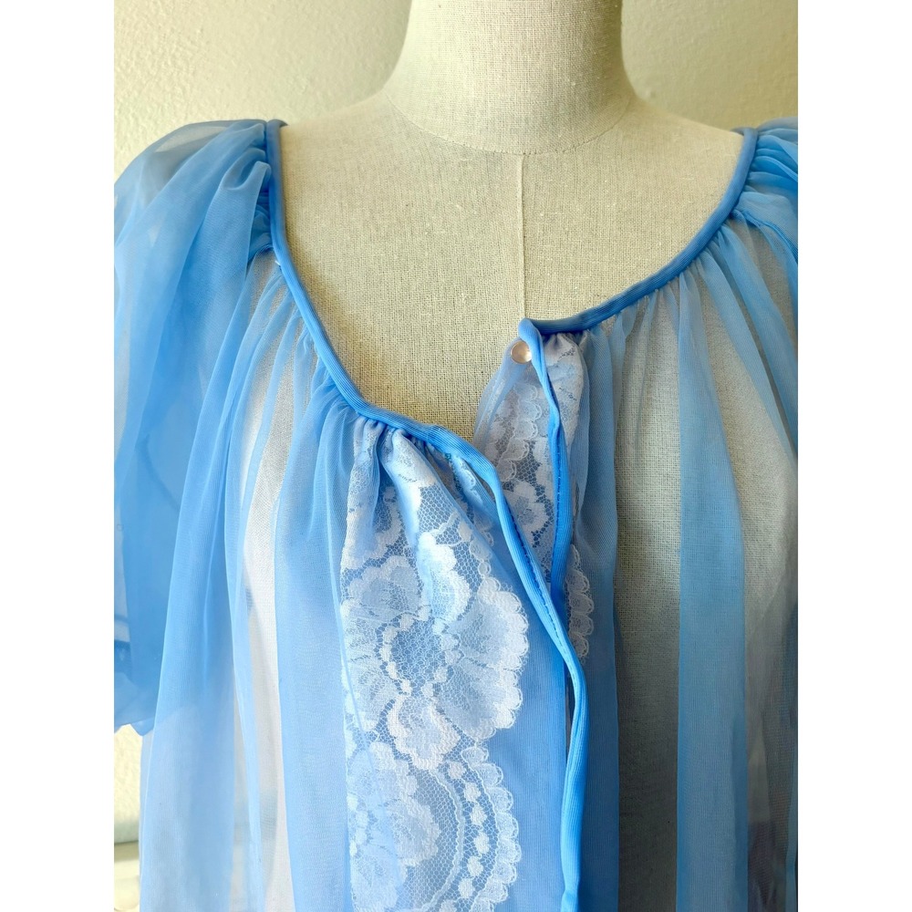 Vintage Stern-Maid Blue Sheer Lace Peignoir Robe USA Union Made S Coquette Girl - Picture 7 of 11